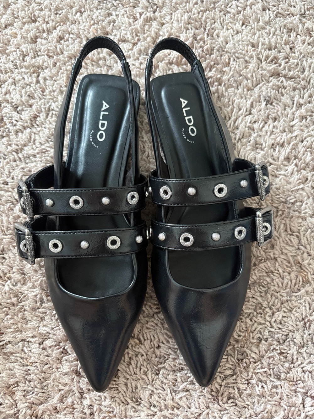 ALDO Black Pointed Slingback Mules with Studded Double Straps